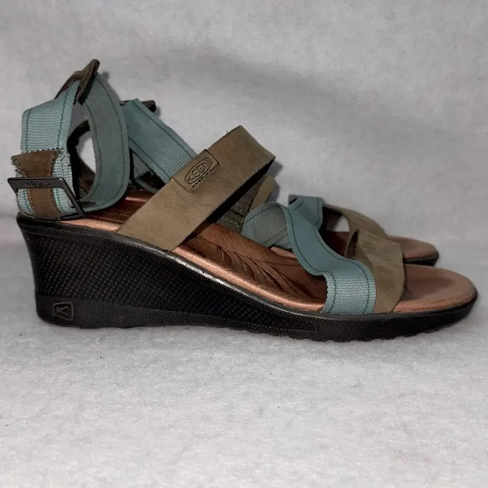 Women’s Keen Strappy Sandals Wedges Arch Support Teal & Taupe 7.5 Ankle Strap